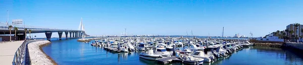 Fishing Boats Sunset Puente Constitucion Called Pepa Bay Cadiz Andalusia — Stock Photo, Image