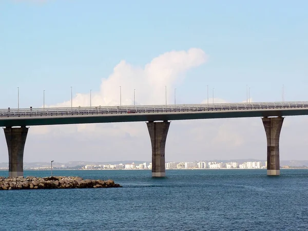 Puesta Sol Sobre Puente Constitución Llamado Pepa Bahía Cdiz Andalucía — Foto de Stock