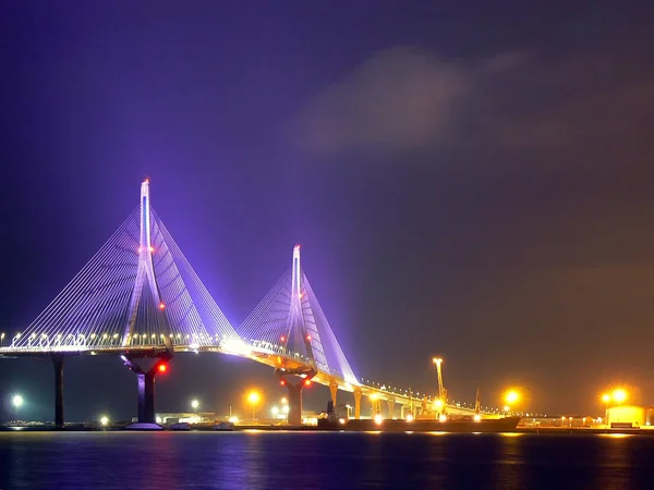 Puesta Sol Sobre Puente Constitución Llamado Pepa Bahía Cdiz Andalucía — Foto de Stock