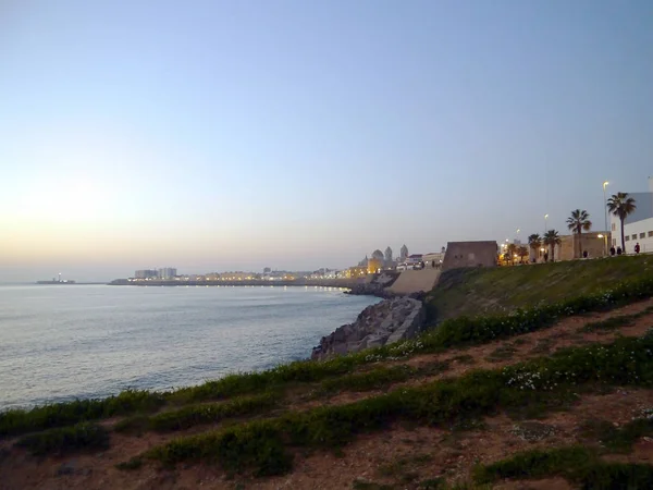 Захід Сонця Узбережжі Бухти Пляж Міста Cdiz Андалусія Іспанія Європі — стокове фото