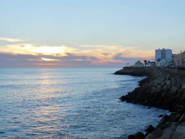 Sonnenuntergang Der Küste Der Bucht Strand Der Stadt Cdiz Andalusien — Stockfoto