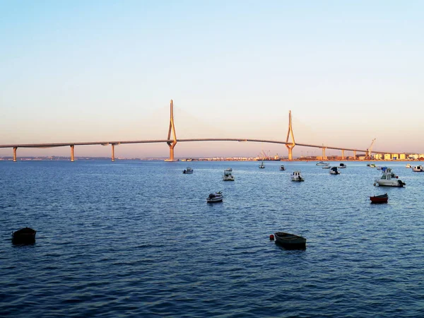 Fishing Boats Sunset Puente Constitucin Called Pepa Bay Cdiz Andalusia — Stock Photo, Image