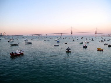 Endülüs, Cdiz Körfezi 'nde, La Pepa adlı Puente de la Constitucin 'de gün batımında balıkçı tekneleri. İspanya
