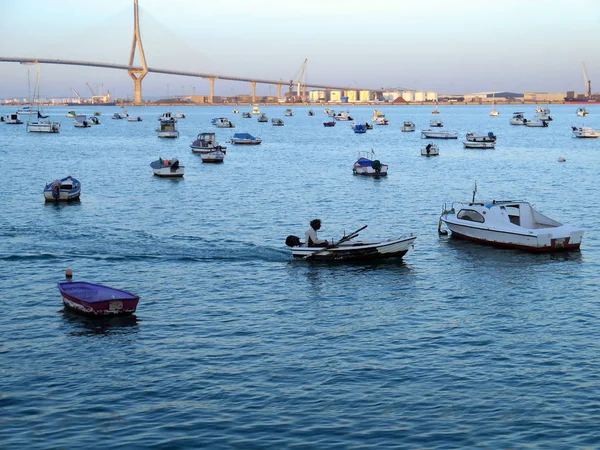Barcos Pesqueros Atardecer Puente Constitucin Llamado Pepa Bahía Cdiz Andalucía — Foto de Stock