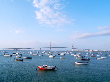 Puente de la Constitucion gün batımında, balıkçı tekneleri, La Pepa, defne, Cadiz içinde Andalusia aradı. İspanya. Europe