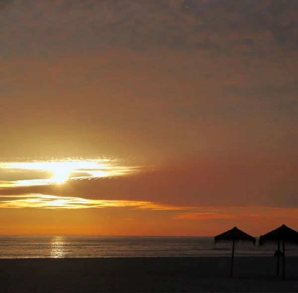 Puesta Sol Costa Bahía Playa Ciudad Cádiz Andalucía España Europa — Foto de Stock