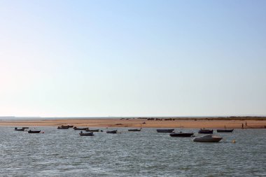 Cadiz 'deki Puerto Real Körfezi kıyısında balıkçı tekneleri. Endülüs İspanya. Avrupa. 14 Ağustos 2019