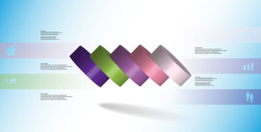 motif döktü beş renk parçalar için yatay olarak dilimlenmiş silindirin 3D çizim Infographic şablonu. Basit kayıt ve metin renk afiş var. Arka plan olduğunu ışık mavi.