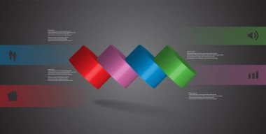 motif döktü dört renk parçalar için yatay olarak dilimlenmiş silindirin 3D çizim Infographic şablonu. Basit kayıt ve metin renk afiş var. Arka plan koyu gridir.