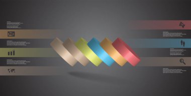 motif döktü altı renk parçalar için yatay olarak dilimlenmiş silindirin 3D çizim Infographic şablonu. Basit kayıt ve metin renk afiş var. Arka plan koyu gridir.