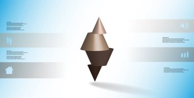 3D çizim Infographic şablon motif ile yatay olarak üstüne dört kahverengi kısmı standları için çivili koni dilimlenmiş. Basit kayıt ve metin renk afiş var. Arka plan olduğunu ışık mavi.