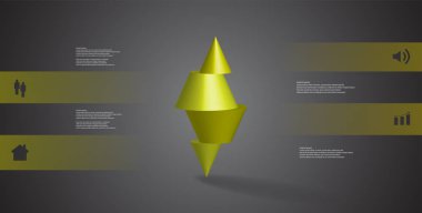3D illustration infographic template with motif of horizontally sliced spiked cone to four green parts stands on top. Simple sign and text is in color banners. Background is dark grey. clipart