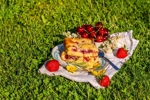Horizontal photo with two portions of cherry cake. Cake is placed on saucer and on white towel. Bowl full of other fruits is next to cake with several red strawberries and blooms.