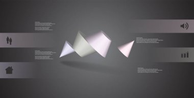 3D çizim Infographic şablonu. İki çivili koni dört renk bölümlerine ayrılmıştır. Siyah / gri arka plan üzerine düzenlenmiş çarpık nesnesidir. Renk çubukları basit işareti ile yan yana olan.