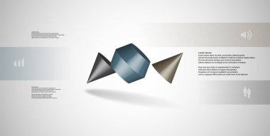 3D çizim Infographic şablonu. İki çivili koni üç renk bölümlerine ayrılmıştır. Gri / beyaz arka plan üzerinde düzenlenmiş çarpık nesnesidir. Renk çubukları basit işareti ile yan yana olan.