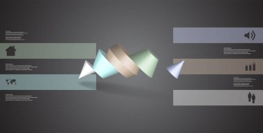 3D çizim Infographic şablonu. İki çivili koni beş renk bölümlerine ayrılmıştır. Gri / siyah arka plan üzerine düzenlenmiş çarpık nesnesidir. Renk çubukları basit işareti ile yan yana olan.