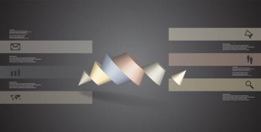 3D çizim Infographic şablonu. İki çivili koni altı renk bölümlerine ayrılmıştır. Gri / siyah arka plan üzerine düzenlenmiş çarpık nesnesidir. Renk çubukları basit işareti ile yan yana olan.