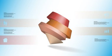 3D çizim Infographic şablonu. Yuvarlak pentagon dört portakal bölümlerine ayrılmıştır. Mavi beyaz zemin üzerine düzenlenmiş çarpık nesnesidir. Renk çubukları basit işaretler ile yan yana olan.