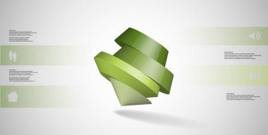 3D çizim Infographic şablonu. Yuvarlak pentagon dört yeşil bölümlerine ayrılmıştır. Gri beyaz zemin üzerine düzenlenmiş çarpık nesnesidir. Renk çubukları basit işaretler ile yan yana olan.
