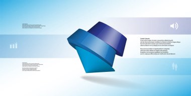 3D çizim Infographic şablonu. Yuvarlak pentagon üç renk bölümlerine ayrılmıştır. Mavi beyaz zemin üzerine düzenlenmiş çarpık nesnesidir. Renk çubukları basit işaretler ile yan yana olan.