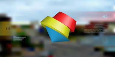 3D çizim Infographic şablonu. Yuvarlak pentagon üç renk bölümlerine ayrılmıştır. Bulanık fotoğraf arka plan üzerinde düzenlenmiş çarpık nesnesidir. Renk çubukları basit işaretler ile yan yana olan.