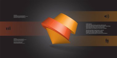 3D çizim Infographic şablonu. Yuvarlak pentagon üç renk bölümlerine ayrılmıştır. Gri siyah arka plan üzerine düzenlenmiş çarpık nesnesidir. Renk çubukları basit işaretler ile yan yana olan.