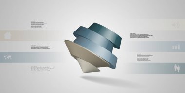 3D çizim Infographic şablonu. Yuvarlak pentagon beş renk bölümlerine ayrılmıştır. Gri beyaz zemin üzerine düzenlenmiş çarpık nesnesidir. Renk çubukları basit işaretler ile yan yana olan.