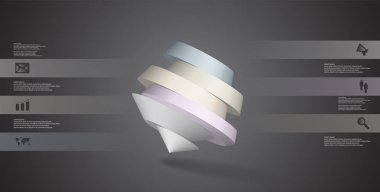 3D çizim Infographic şablonu. Yuvarlak pentagon altı renk bölümlerine ayrılmıştır. Gri siyah arka plan üzerine düzenlenmiş çarpık nesnesidir. Renk çubukları basit işaretler ile yan yana olan.