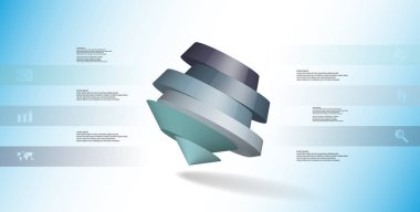 3D çizim Infographic şablonu. Yuvarlak pentagon altı renk bölümlerine ayrılmıştır. Mavi beyaz zemin üzerine düzenlenmiş çarpık nesnesidir. Renk çubukları basit işaretler ile yan yana olan.