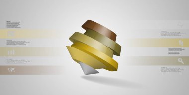 3D çizim Infographic şablonu. Yuvarlak pentagon altı renk bölümlerine ayrılmıştır. Gri beyaz zemin üzerine düzenlenmiş çarpık nesnesidir. Renk çubukları basit işaretler ile yan yana olan.