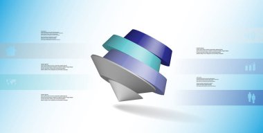 3D çizim Infographic şablonu. Yuvarlak pentagon beş renk bölümlerine ayrılmıştır. Mavi beyaz zemin üzerine düzenlenmiş çarpık nesnesidir. Renk çubukları basit işaretler ile yan yana olan.