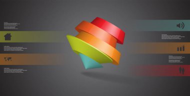 3D çizim Infographic şablonu. Yuvarlak pentagon beş renk bölümlerine ayrılmıştır. Gri siyah arka plan üzerine düzenlenmiş çarpık nesnesidir. Renk çubukları basit işaretler ile yan yana olan.
