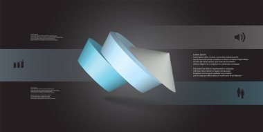 3D çizim Infographic şablonu. Yuvarlak pentagon üç renk bölümlerine ayrılmıştır. Gri siyah arka plan üzerine düzenlenmiş çarpık nesnesidir. Renk çubukları basit işaretler ile yan yana olan.