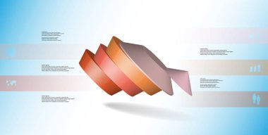 3D çizim Infographic şablonu. Yuvarlak pentagon beş renk bölümlerine ayrılmıştır. Mavi beyaz zemin üzerine düzenlenmiş çarpık nesnesidir. Renk çubukları basit işaretler ile yan yana olan.