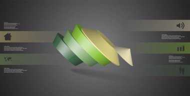 3D çizim Infographic şablonu. Yuvarlak pentagon beş renk bölümlerine ayrılmıştır. Gri siyah arka plan üzerine düzenlenmiş çarpık nesnesidir. Renk çubukları basit işaretler ile yan yana olan.