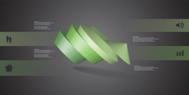 3D çizim Infographic şablonu. Yuvarlak pentagon dört renk bölümlerine ayrılmıştır. Gri siyah arka plan üzerine düzenlenmiş çarpık nesnesidir. Renk çubukları basit işaretler ile yan yana olan.