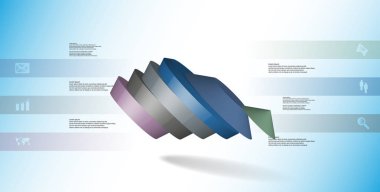 3D çizim Infographic şablonu. Yuvarlak pentagon altı renk bölümlerine ayrılmıştır. Mavi beyaz zemin üzerine düzenlenmiş çarpık nesnesidir. Renk çubukları basit işaretler ile yan yana olan.