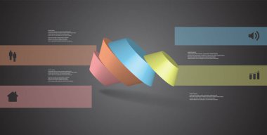 3D çizim Infographic şablonu. Yuvarlak sekizgen dört renk bölümlerine ayrılmıştır. Gri siyah arka plan üzerine dökülen çarpık nesnesidir. Renk çubukları basit işaretler ile yan yana olan.