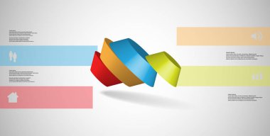 3D çizim Infographic şablonu. Yuvarlak sekizgen dört renk bölümlerine ayrılmıştır. Gri beyaz zemin üzerine dökülen çarpık nesnesidir. Renk çubukları basit işaretler ile yan yana olan.