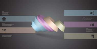 3D çizim Infographic şablonu. Yuvarlak sekizgen beş renk bölümlerine ayrılmıştır. Gri siyah arka plan üzerine dökülen çarpık nesnesidir. Renk çubukları basit işaretler ile yan yana olan.