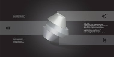 3D çizim Infographic şablonu. Yuvarlak sekizgen üç renk bölümlerine ayrılmıştır. Gri siyah arka plan üzerine düzenlenmiş çarpık nesnesidir. Renk çubukları basit işaretler ile yan yana olan.