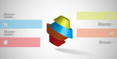 3D çizim Infographic şablonu. Yuvarlak sekizgen dört renk bölümlerine ayrılmıştır. Gri beyaz zemin üzerine düzenlenmiş çarpık nesnesidir. Renk çubukları basit işaretler ile yan yana olan.