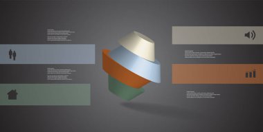 3D çizim Infographic şablonu. Yuvarlak sekizgen dört renk bölümlerine ayrılmıştır. Gri siyah arka plan üzerine düzenlenmiş çarpık nesnesidir. Renk çubukları basit işaretler ile yan yana olan.