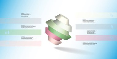 3D çizim Infographic şablonu. Yuvarlak sekizgen altı renk bölümlerine ayrılmıştır. Mavi beyaz zemin üzerine düzenlenmiş çarpık nesnesidir. Renk çubukları basit işaretler ile yan yana olan.