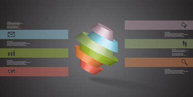 3D çizim Infographic şablonu. Yuvarlak sekizgen altı renk bölümlerine ayrılmıştır. Gri siyah arka plan üzerine düzenlenmiş çarpık nesnesidir. Renk çubukları basit işaretler ile yan yana olan.