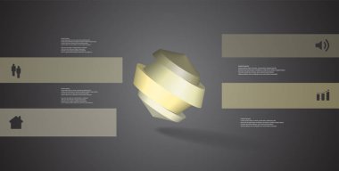 3D çizim Infographic şablonu. Yuvarlak sekizgen dört renk bölümlerine ayrılmıştır. Gri siyah arka plan üzerine düzenlenmiş çarpık nesnesidir. Renk çubukları basit işaretler ile yan yana olan.