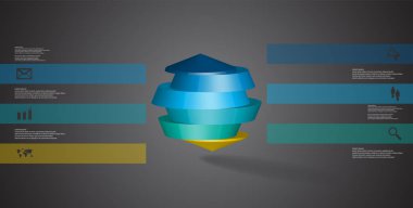 3D çizim Infographic şablonu. Yuvarlak sekizgen altı renk bölümlerine ayrılmıştır. Nesne gri siyah arka plan üzerine düzenlenmiştir. Renk çubukları basit işaretler ile yan yana olan.