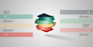 3D çizim Infographic şablonu. Yuvarlak sekizgen altı renk bölümlerine ayrılmıştır. Nesne gri beyaz zemin üzerine düzenlenmiştir. Renk çubukları basit işaretler ile yan yana olan.