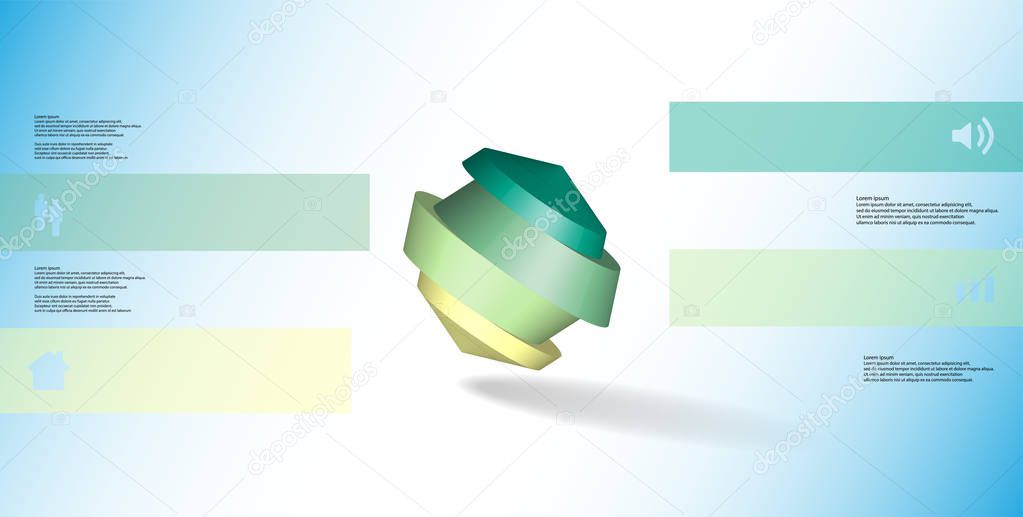 3D illustration infographic template. The round octagon is divided to four color parts. Object is askew arranged on blue white background. Color bars with simple signs are on sides.