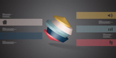 3D çizim Infographic şablonu. Yuvarlak sekizgen beş renk bölümlerine ayrılmıştır. Gri siyah arka plan üzerine düzenlenmiş çarpık nesnesidir. Renk çubukları basit işaretler ile yan yana olan.